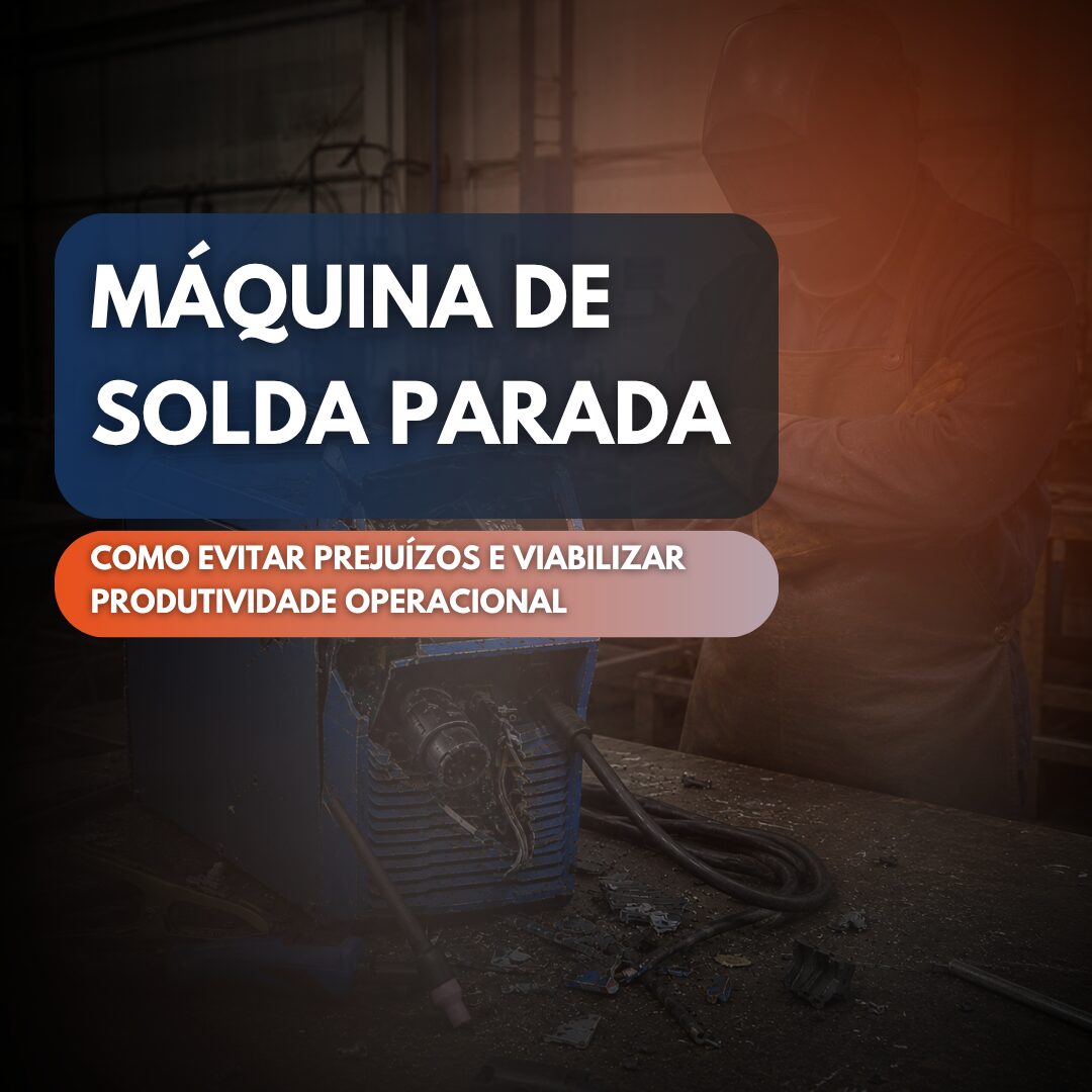 Máquina de solda danificada sobre bancada, com soldador ao fundo em ambiente industrial