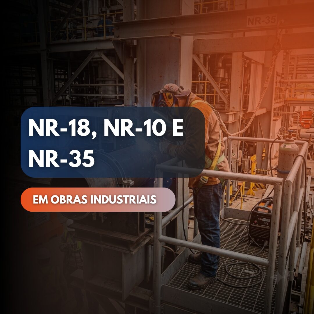 Soldador em plataforma elevada usando EPI completo, com selos NR-18, NR-10 e NR-35 sobrepostos